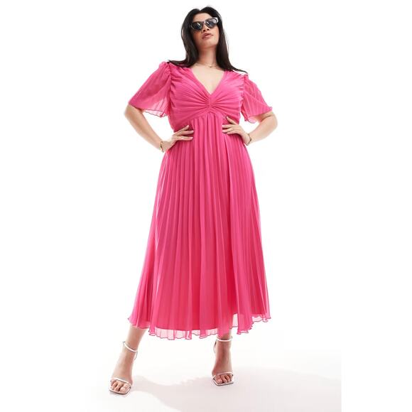 ASOS DESIGN Curve Pleated Bodice Flutter Sleeve Midi Dress Hot Pink Size 16 - Picture 2 of 16